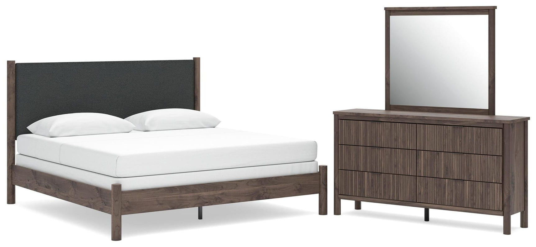 Pamytta Brown Upholstered Panel Bedroom Set King 3: Bed, Dresser, Mirror from Ella Furniture