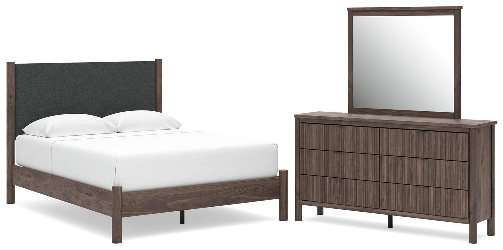 Pamytta Brown Upholstered Platform Bedroom Set Queen 3: Bed, Dresser, Mirror from Ella Furniture