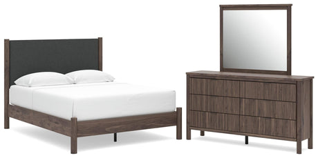Pamytta Brown Upholstered Platform Bedroom Set Queen 3: Bed, Dresser, Mirror from Ella Furniture