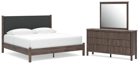 Pamytta Brown Upholstered Platform Bedroom Set King 3: Bed, Dresser, Mirror from Ella Furniture