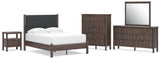 Pamytta Brown Upholstered Platform Bedroom Set Full 5: Bed, Dresser, Mirror, Chest, NightStand from Ella Furniture