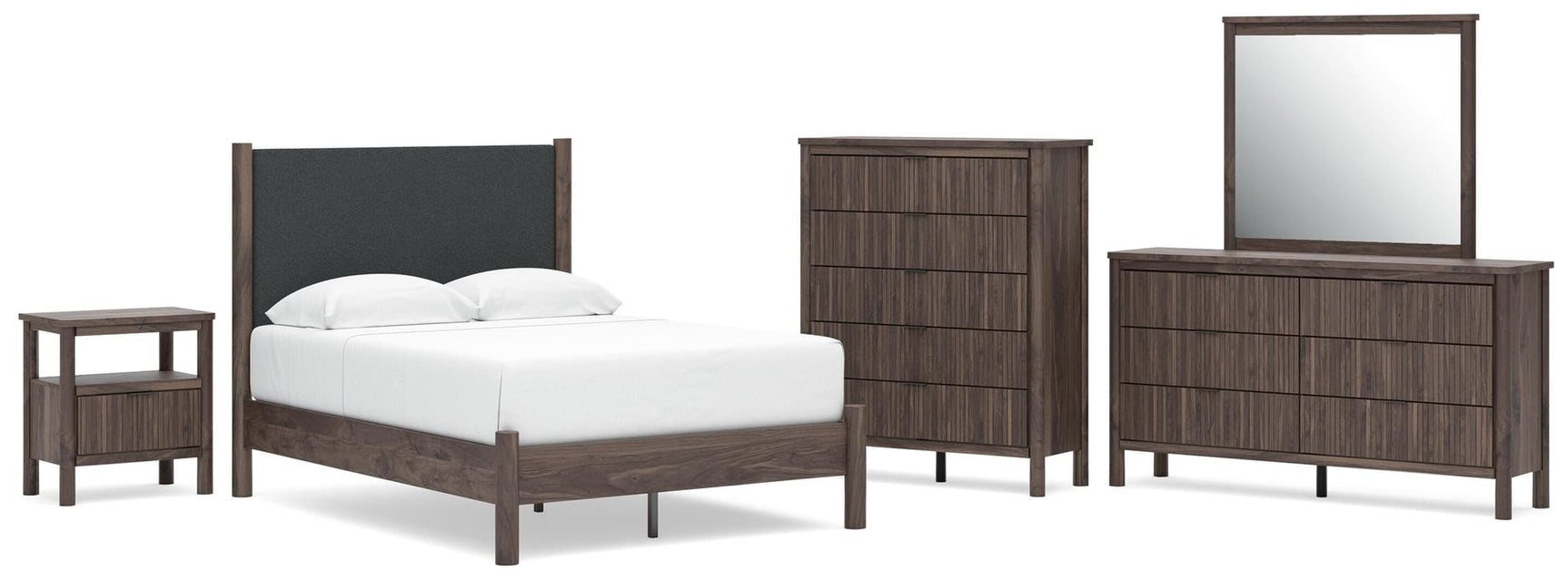 Pamytta Brown Upholstered Platform Bedroom Set Full 5: Bed, Dresser, Mirror, Chest, NightStand from Ella Furniture