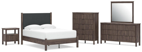 Pamytta Brown Upholstered Platform Bedroom Set Full 5: Bed, Dresser, Mirror, Chest, NightStand from Ella Furniture