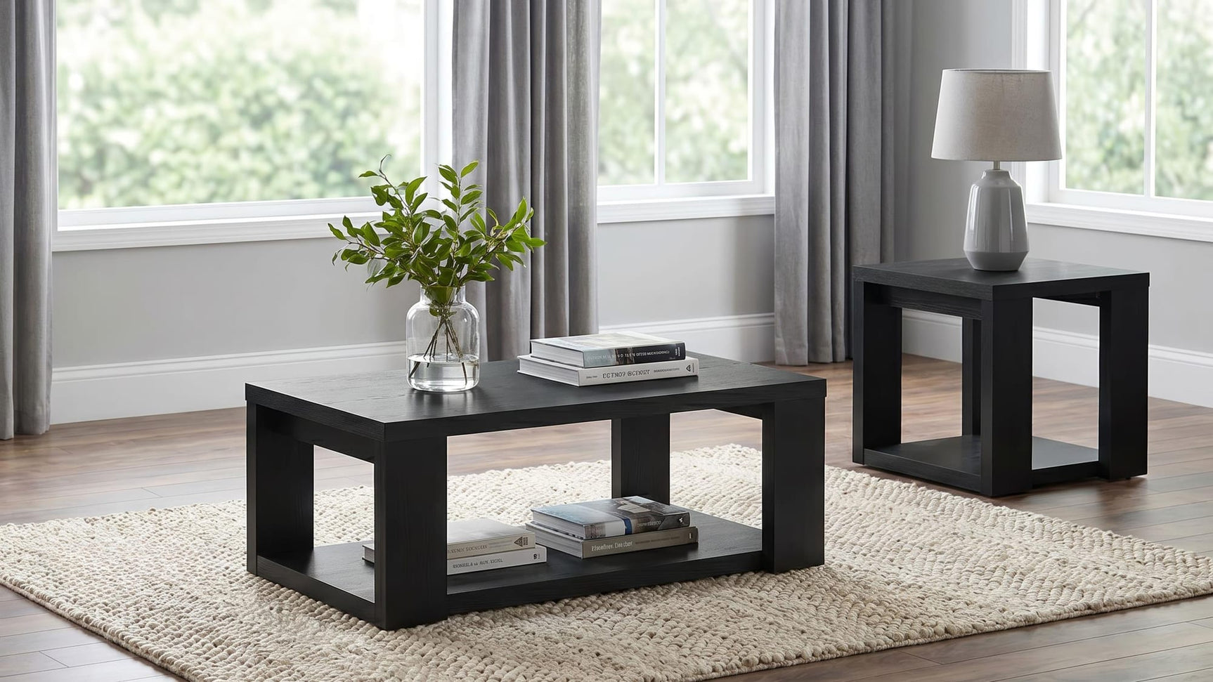 Pavone 2-Piece Transitional Coffee and End Table Set with Shelves Black from Ella Furniture