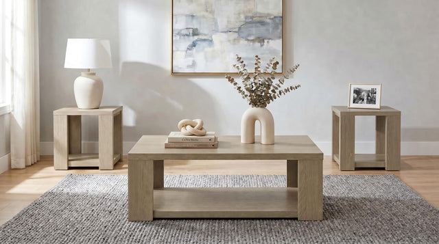 Pavone 3-Piece Transitional Coffee and End Table Set with Shelves Latte from Ella Furniture