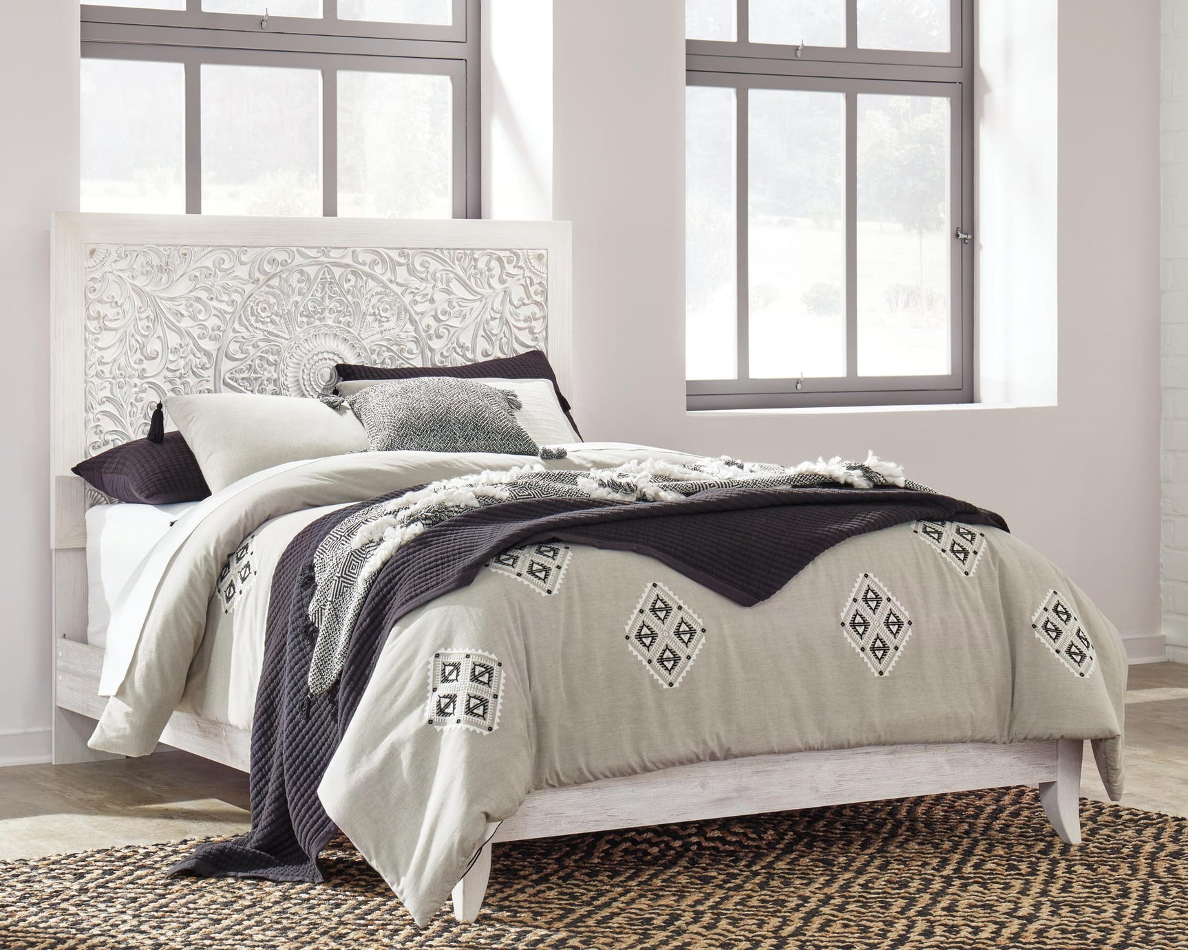 Paxberry Whitewash Panel Bedroom Set Queen 3: Bed, Dresser, Mirror from Ella Furniture