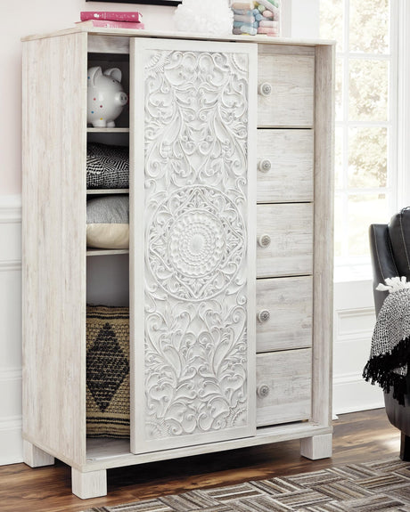 Paxberry Whitewash Panel Bedroom Set Queen 4: Bed, Dresser, Mirror, Chest from Ella Furniture