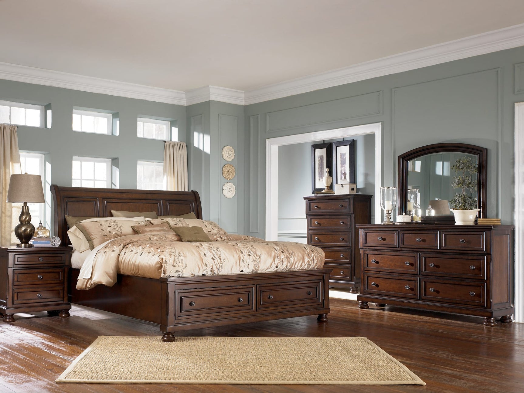 Porter Rustic Brown Sleigh Bedroom Set King 3: Bed, Dresser, Mirror from Ella Furniture