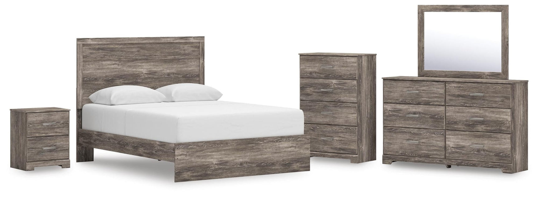 Ralinksi Gray Panel Bedroom Set Queen 5: Bed, Dresser, Mirror, Chest, NightStand from Ella Furniture