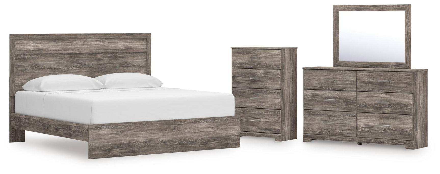 Ralinksi Gray Panel Bedroom Set King 4: Bed, Dresser, Mirror, Chest from Ella Furniture