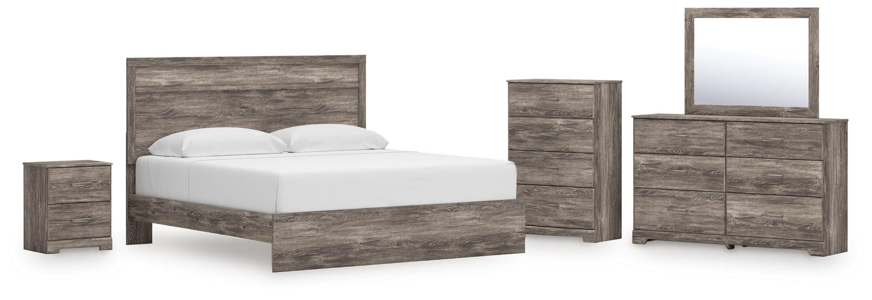 Ralinksi Gray Panel Bedroom Set King 5: Bed, Dresser, Mirror, Chest, NightStand from Ella Furniture