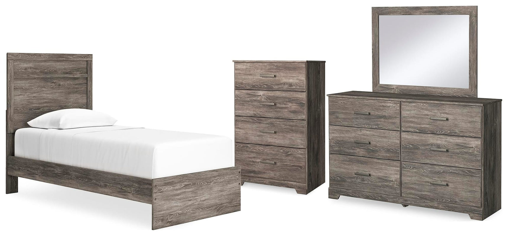 Ralinksi Gray Panel Bedroom Set Twin 4: Bed, Dresser, Mirror, Chest from Ella Furniture