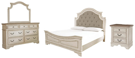 Realyn Chipped White Upholstered Panel Bedroom Set King 4: Bed, Dresser, Mirror, NightStand from Ella Furniture
