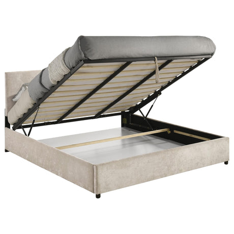 Reeves Upholstered Eastern King Lift-Top Storage Platform Bed Beige view 4