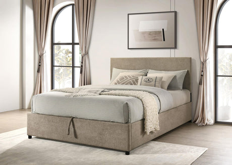 Reeves Upholstered Eastern King Lift-Top Storage Platform Bed Tan view 2