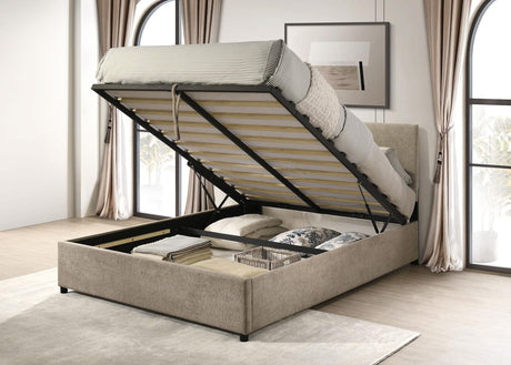 Reeves Upholstered Eastern King Lift-Top Storage Platform Bed Tan view 3