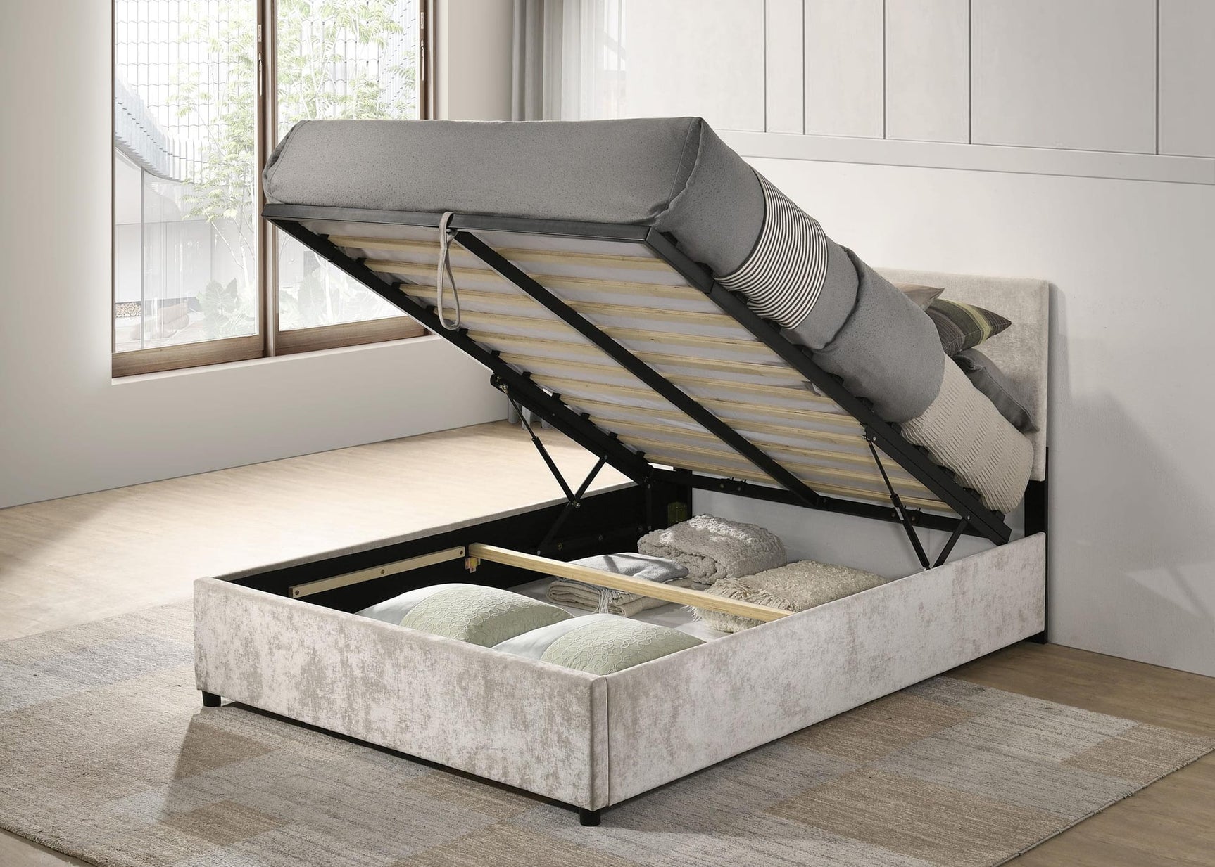 Reeves Upholstered Full Lift-Top Storage Platform Bed Beige view 3