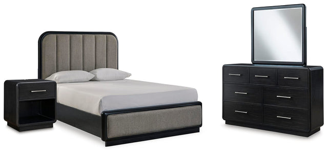 Rowanbeck Gray/Black Upholstered Panel Bedroom Set from Ella Furniture