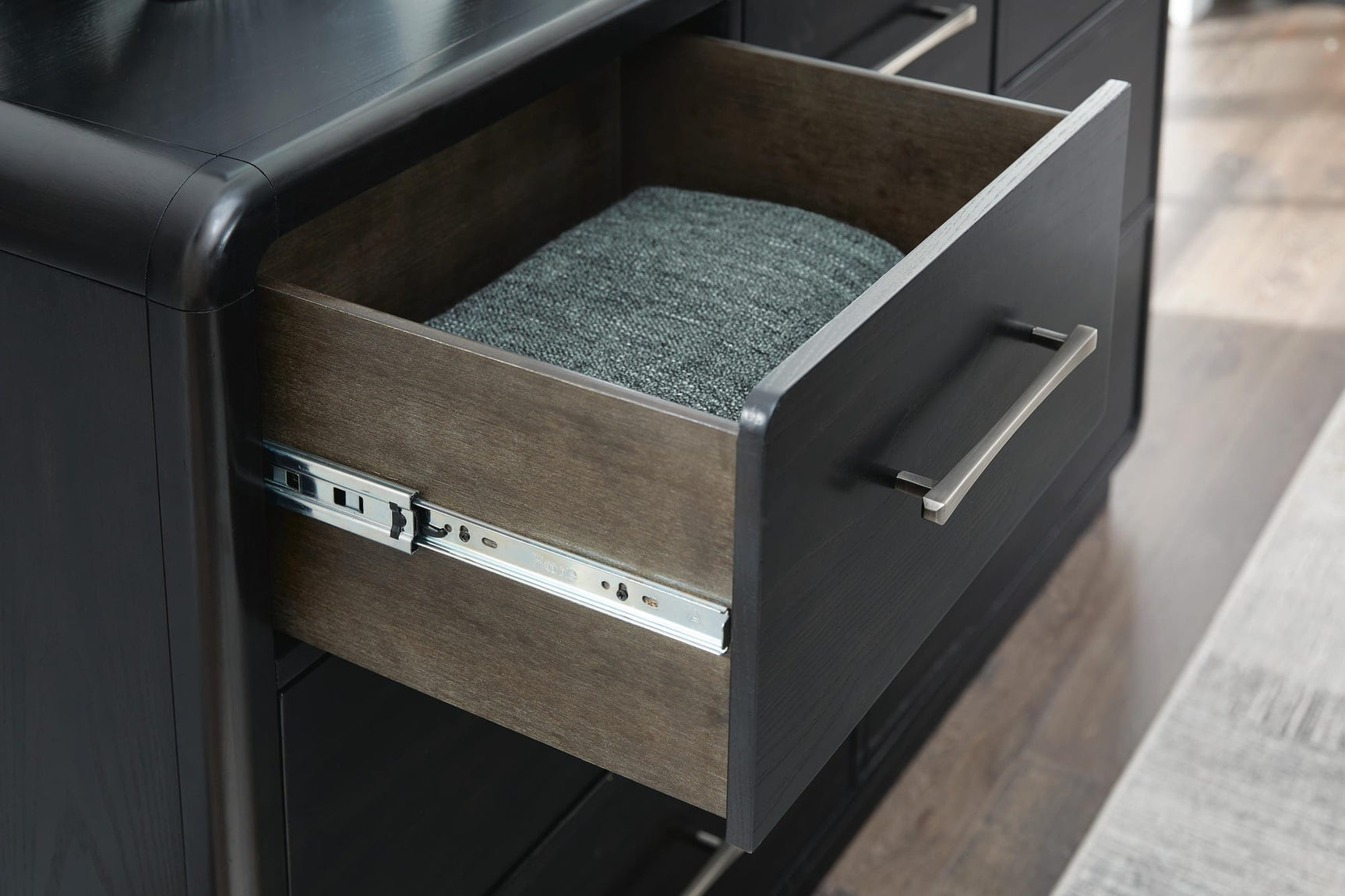Rowanbeck Gray/Black Upholstered Panel Bedroom Set detail view
