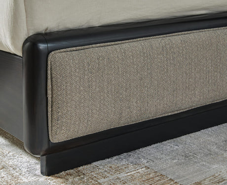Rowanbeck Gray/Black Upholstered Panel Bedroom Set Queen 4: Bed, Dresser, Mirror, Chest from Ella Furniture