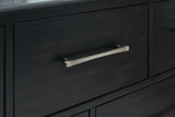 Rowanbeck Gray/Black Upholstered Panel Bedroom Set King 3: Bed, Dresser, Mirror from Ella Furniture