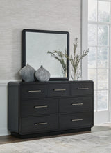 Rowanbeck Gray/Black Upholstered Panel Bedroom Set King 4: Bed, Dresser, Mirror, Chest from Ella Furniture