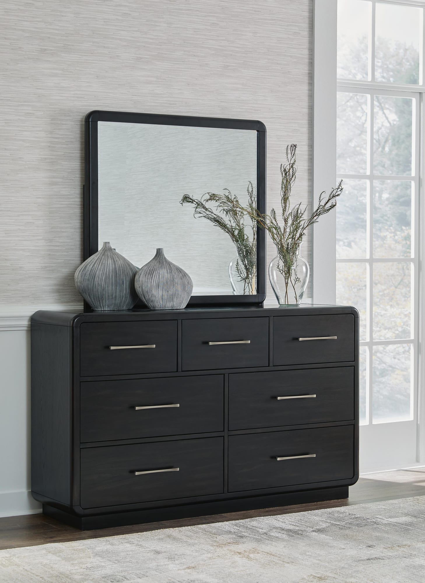 Rowanbeck Gray/Black Upholstered Panel Bedroom Set King 4: Bed, Dresser, Mirror, Chest from Ella Furniture