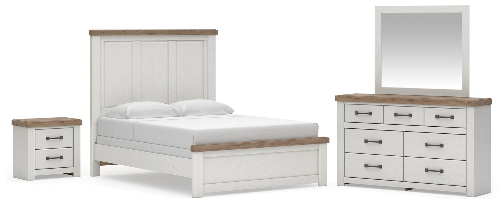 Savonport White/Brown Panel Bed. Dresser, Mirror Bedroom Set from Ella Furniture