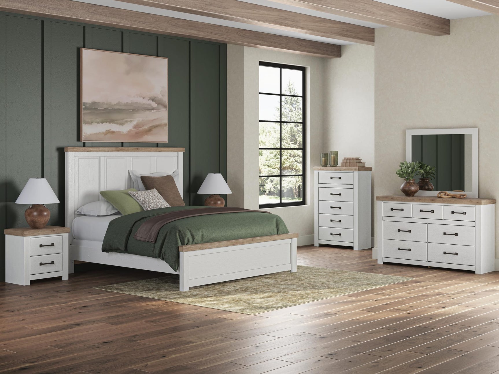 Savonport White/Brown Panel Bedroom Set King 5: Bed, Dresser, Mirror, Chest, NightStand from Ella Furniture