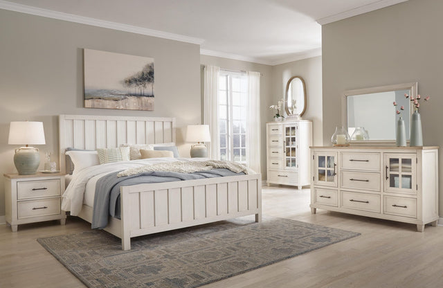 Shaybrock Antique White Panel Bedroom Set King 3: Bed, Dresser, Mirror from Ella Furniture