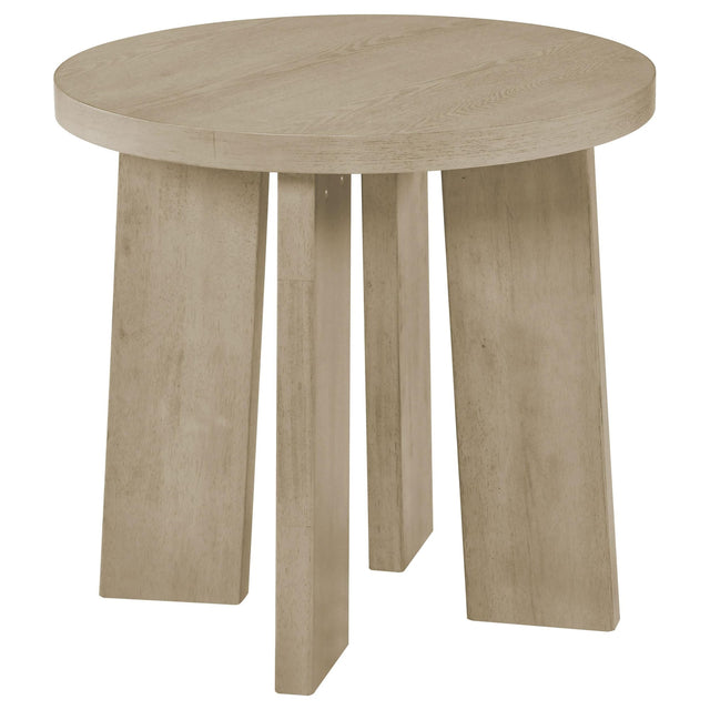 Strouse Contemporary Round End Table in Natural Oak from Ella Furniture