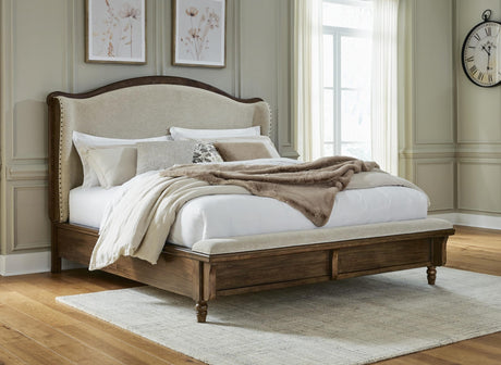 Sturlayne Brown Upholstered Panel Bedroom Set Queen 3: Bed, Dresser, Mirror from Ella Furniture