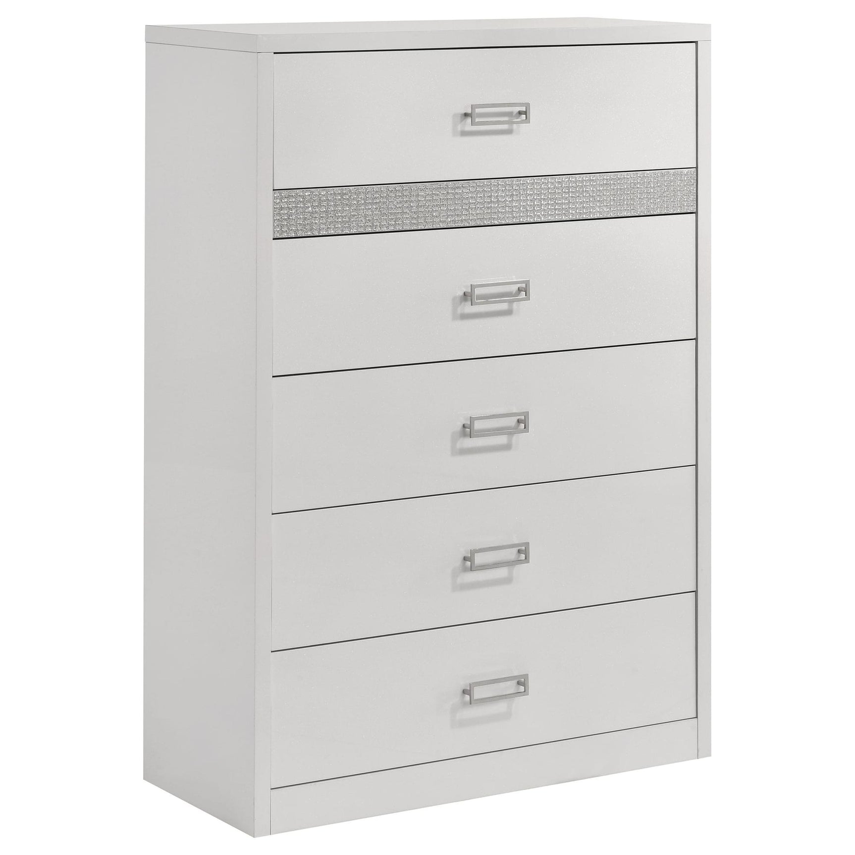 Viana 5-Drawer Chest of Drawers with Chrome Pulls White High Gloss from Ella Furniture