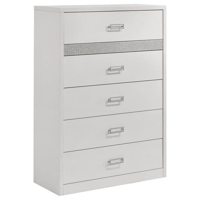 Viana 5-Drawer Chest of Drawers with Chrome Pulls White High Gloss from Ella Furniture