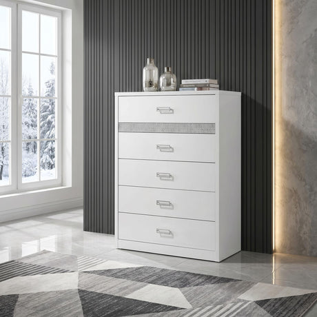 Viana 5-Drawer Chest of Drawers with Chrome Pulls White High Gloss view 2