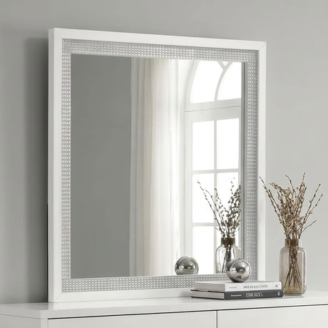 Viana Square Beveled Dresser Mirror with Faceted Trim White High Gloss view 2