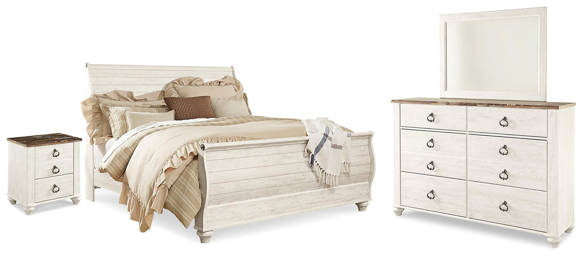 Willowton Whitewash Sleigh Bedroom Set King 4: Bed, Dresser, Mirror, NightStand from Ella Furniture