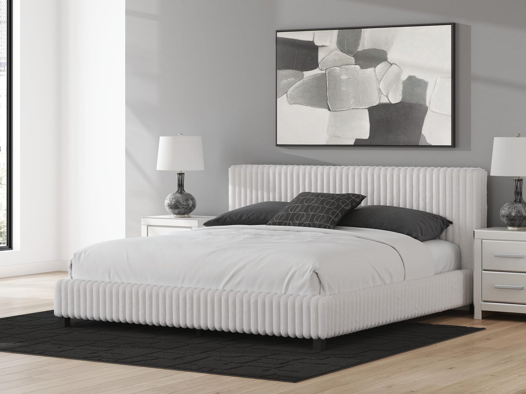 Zuraleus White Upholstered Bedroom Set King 3: Bed, Dresser, Mirror from Ella Furniture