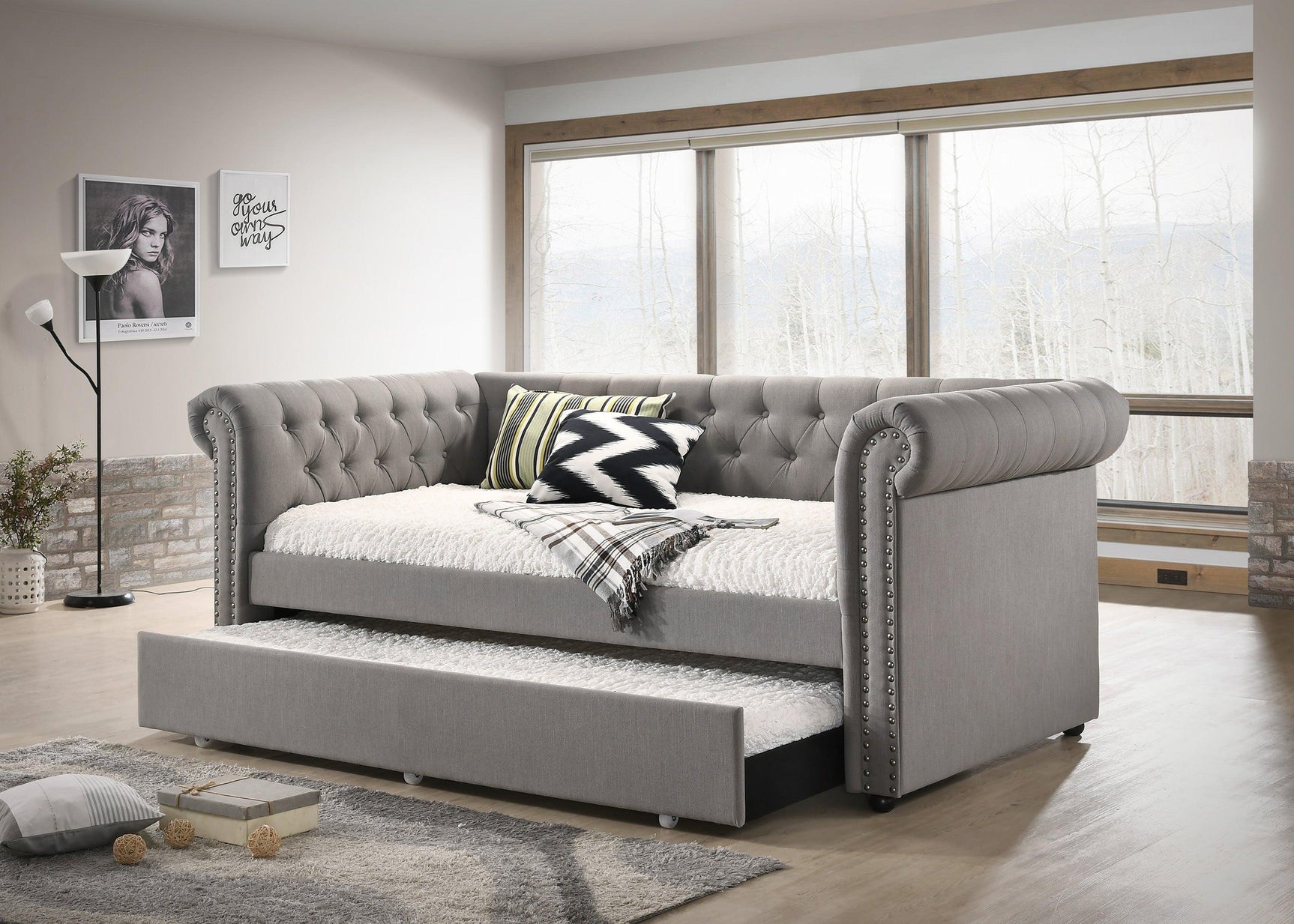 Ellie Dove Gray Modern Transitional Fabric Tufted Trundle Daybed - Ella Furniture