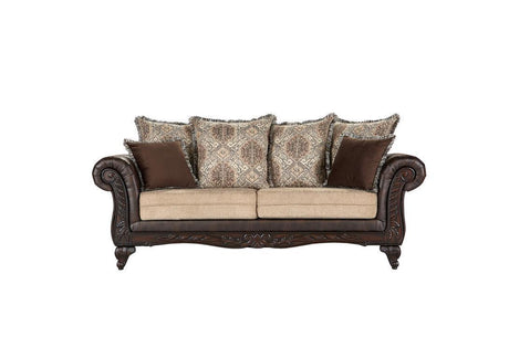 Elmbrook Upholstered Rolled Arm Sofa With Intricate Wood Carvings Brown 508571 - Ella Furniture