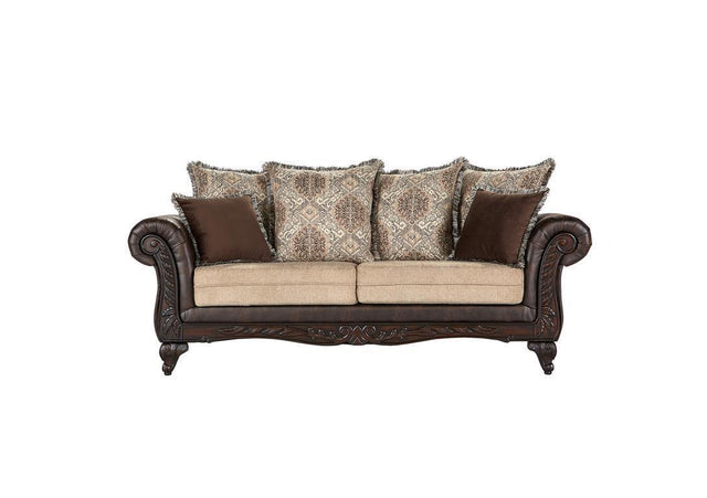 Elmbrook Upholstered Rolled Arm Sofa With Intricate Wood Carvings Brown 508571 - Ella Furniture