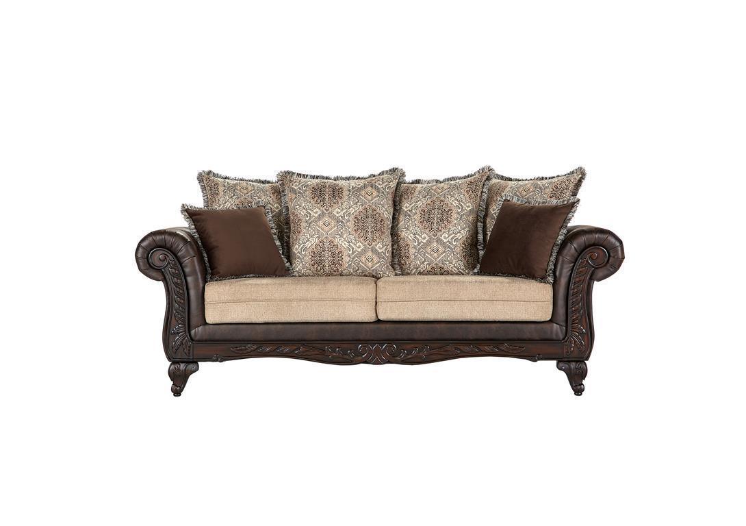 Elmbrook Upholstered Rolled Arm Sofa With Intricate Wood Carvings Brown 508571 - Ella Furniture