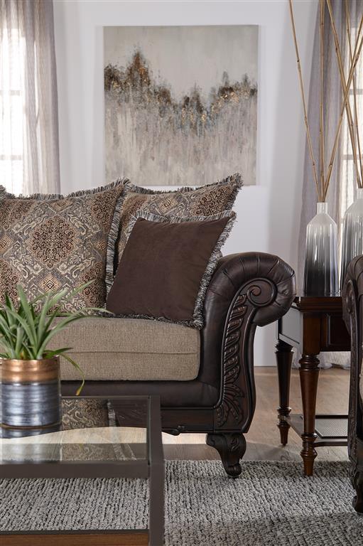 Elmbrook Upholstered Rolled Arm Sofa With Intricate Wood Carvings Brown 508571 - Ella Furniture