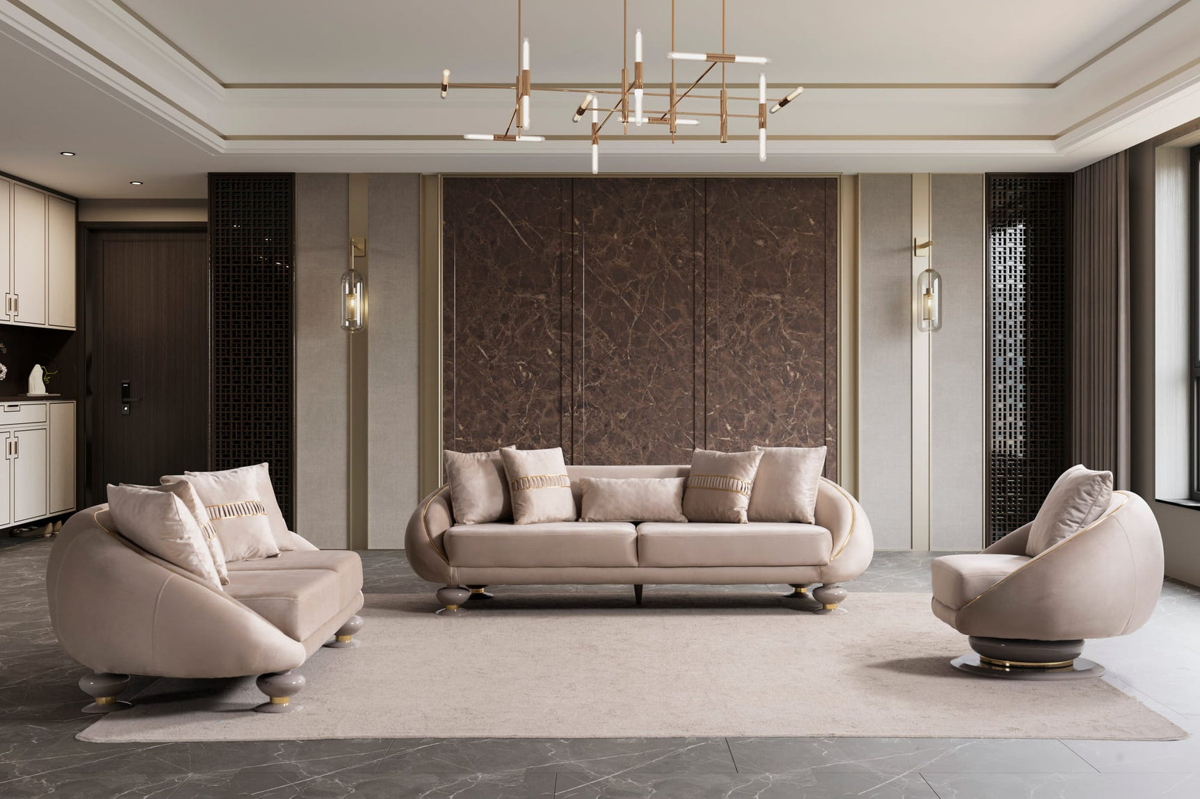 Elysium Sofa, Loveseat, and Chair Set with Sculptural Curved Silhouettes from Ella Furniture