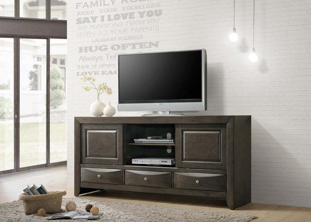 Emily Contemporary Modern Tv Stand Grey, Entertainment Cabinets With Open Storage And Cable Management in Grey Woodgrain Finish - Ella Furniture