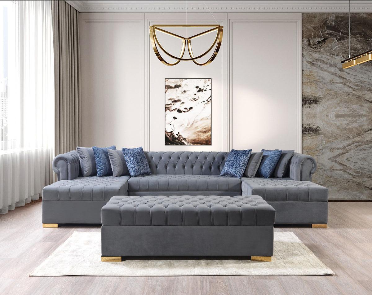 Emma Gray Velvet Double Chaise Sectional - Ella Furniture