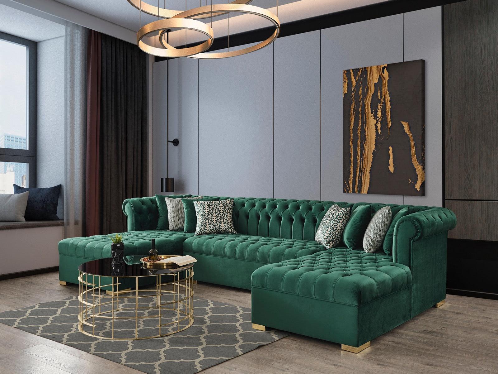 Emma Green Velvet Double Chaise Sectional - Ella Furniture
