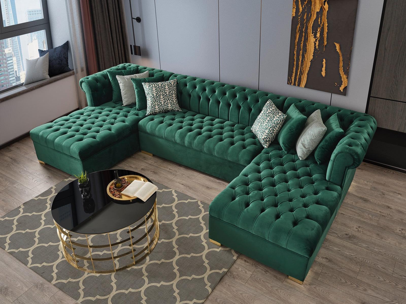 Emma Green Velvet Double Chaise Sectional - Ella Furniture