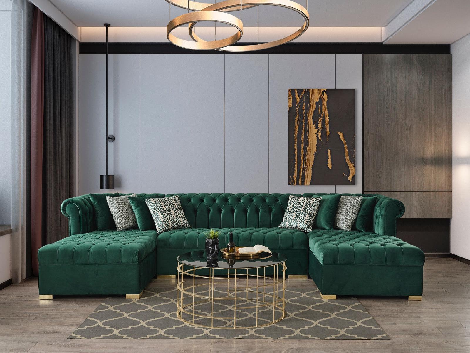 Emma Green Velvet Double Chaise Sectional - Ella Furniture
