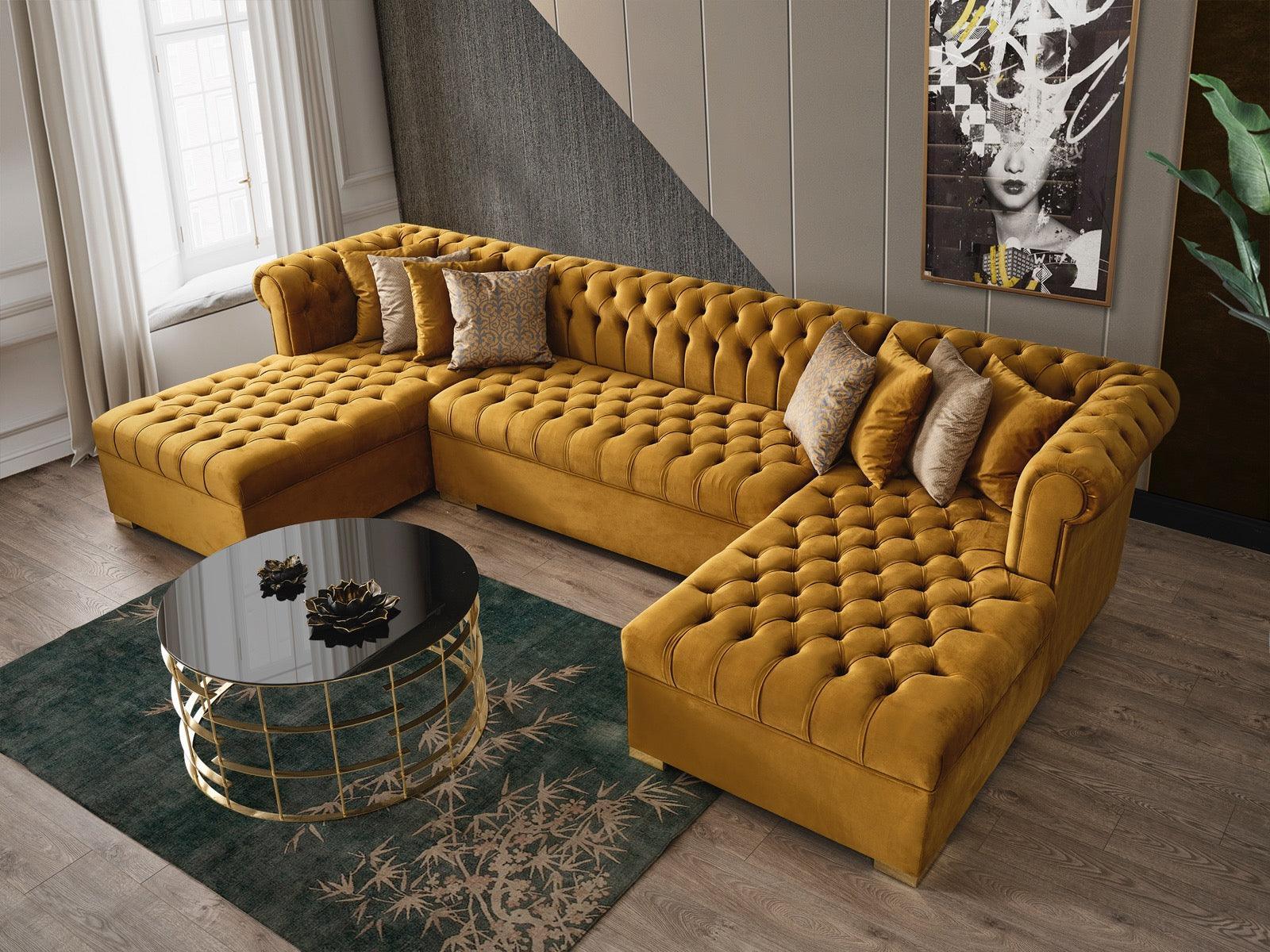 Emma Mustard Velvet Double Chaise Sectional - Ella Furniture